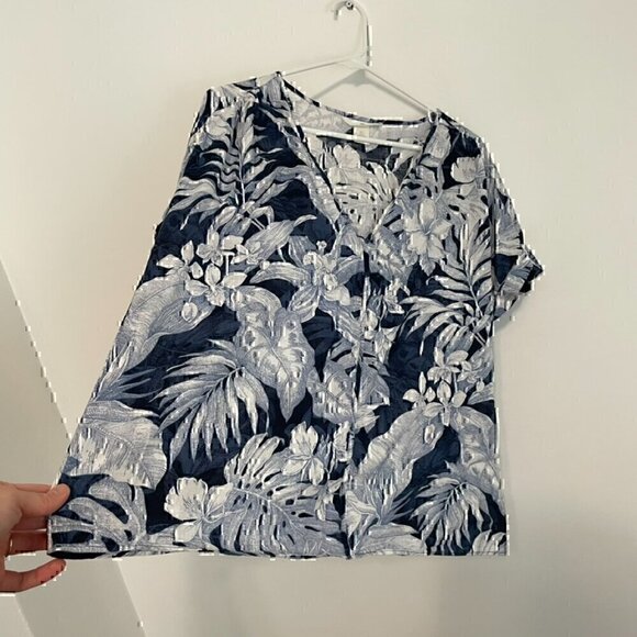 H&M L.O.G.G. V-Neck Cotton Blouse Blue Tropical Hawaiian Floral Leaf Leaves Boho - Picture 8 of 12